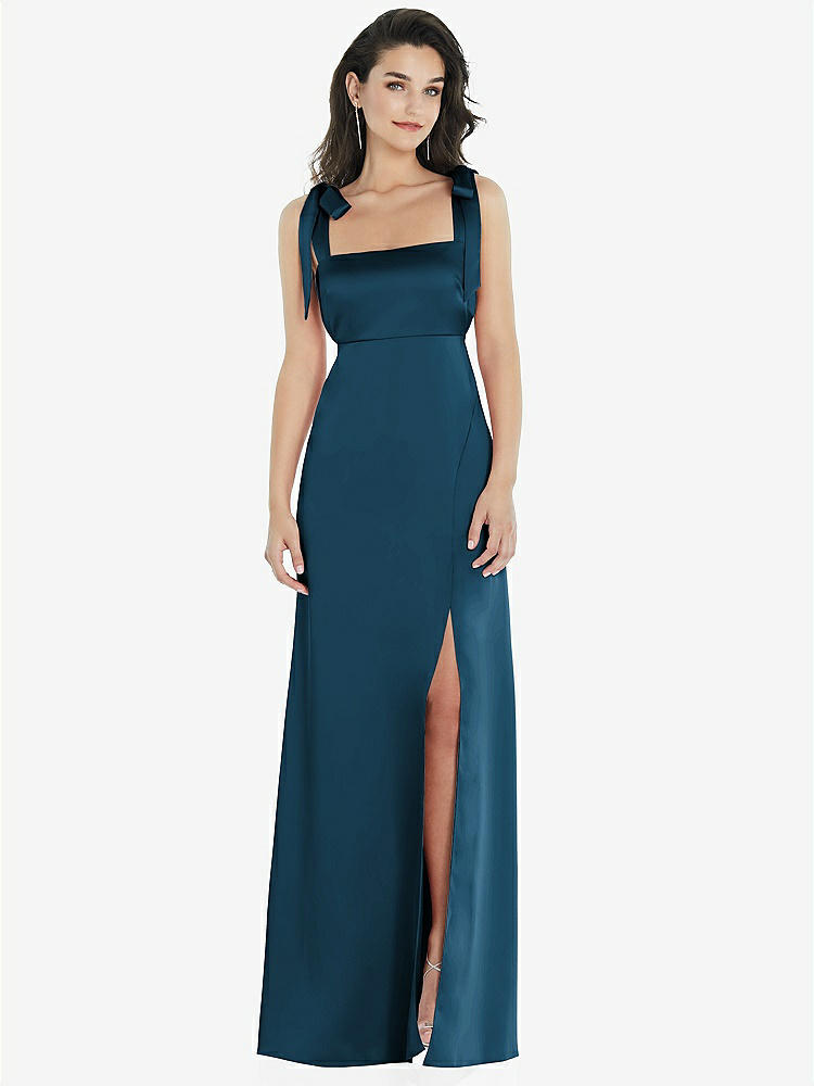 【STYLE: 8224】Flat Tie-Shoulder Empire Waist Maxi Dress with Front Slit【COLOR: Atlantic Blue】