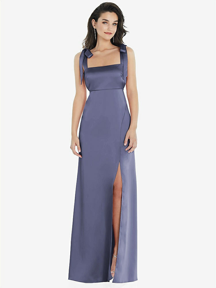 【STYLE: 8224】Flat Tie-Shoulder Empire Waist Maxi Dress with Front Slit【COLOR: French Blue】