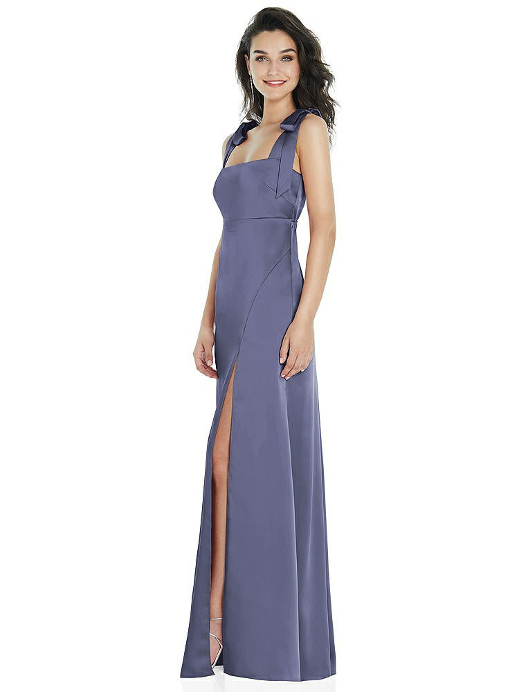 【NEW】【STYLE: 8224】脂肪 ネクタイ肩 帝国 ウエスト マキシ ドレス フロント スリット【COLOR: French Blue】【SIZE: 00-30W】