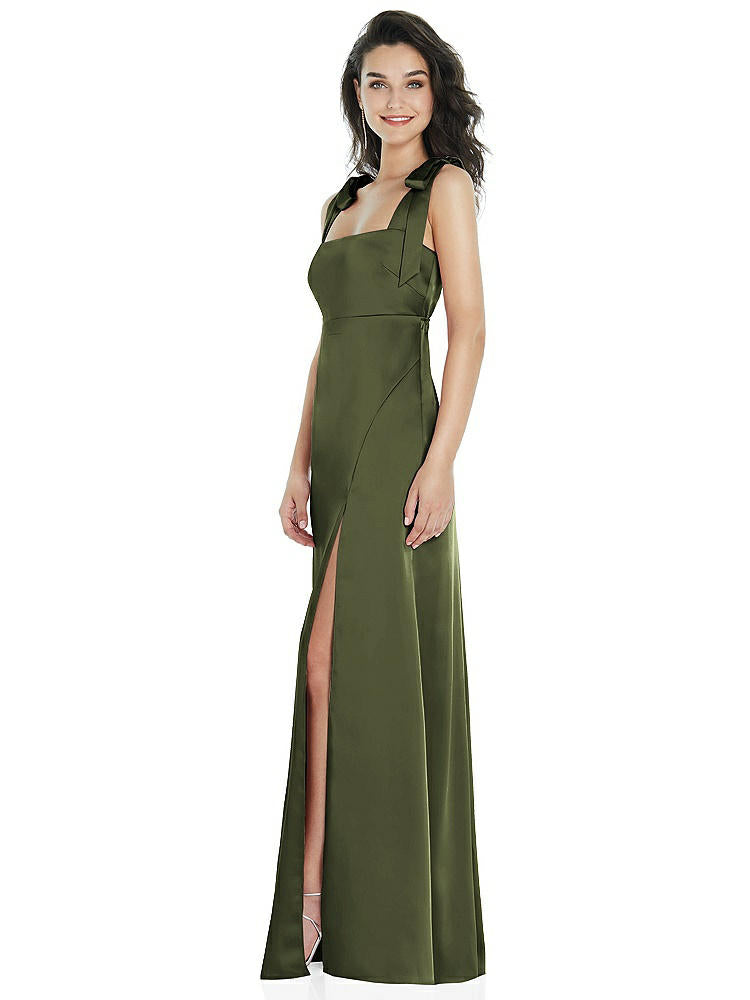 【NEW】【STYLE: 8224】脂肪 ネクタイ肩 帝国 ウエスト マキシ ドレス フロント スリット【COLOR: Olive Green】【SIZE: 00-30W】