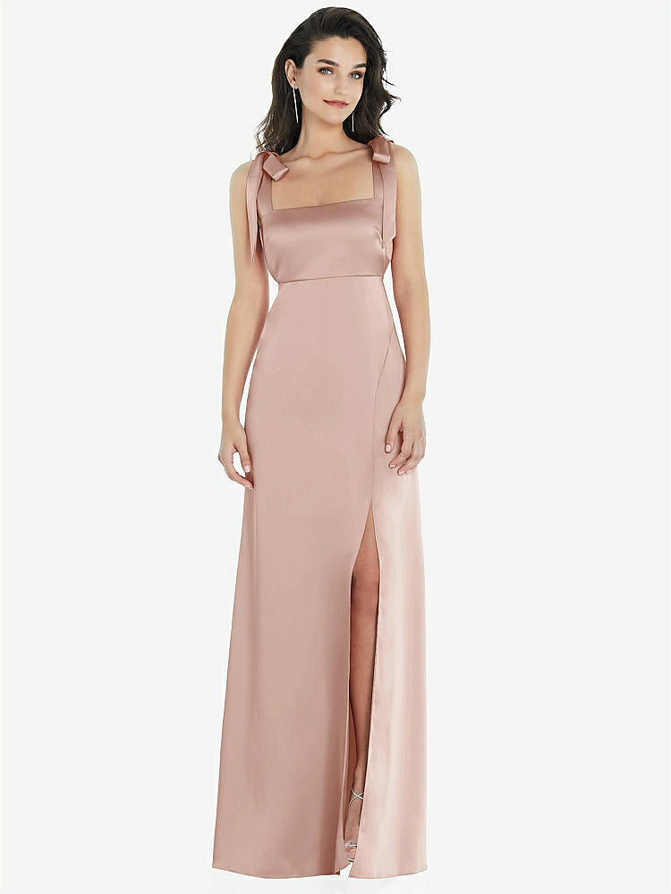 【STYLE: 8224】Flat Tie-Shoulder Empire Waist Maxi Dress with Front Slit【COLOR: Toasted Sugar】