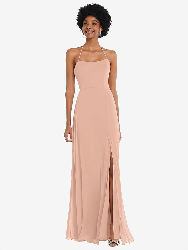 【STYLE: 1559】Scoop Neck Convertible Tie-Strap Maxi Dress with Front Slit【COLOR: Pale Peach】