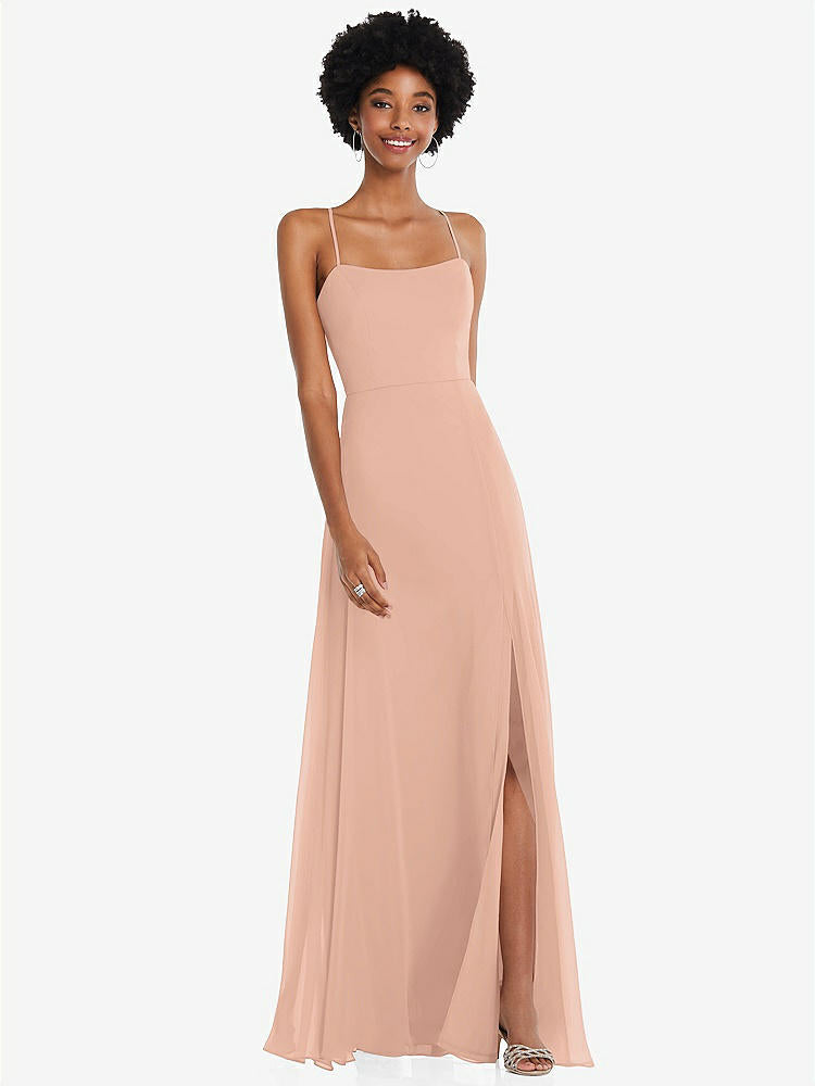【STYLE: 1559】Scoop Neck Convertible Tie-Strap Maxi Dress with Front Slit【COLOR: Pale Peach】