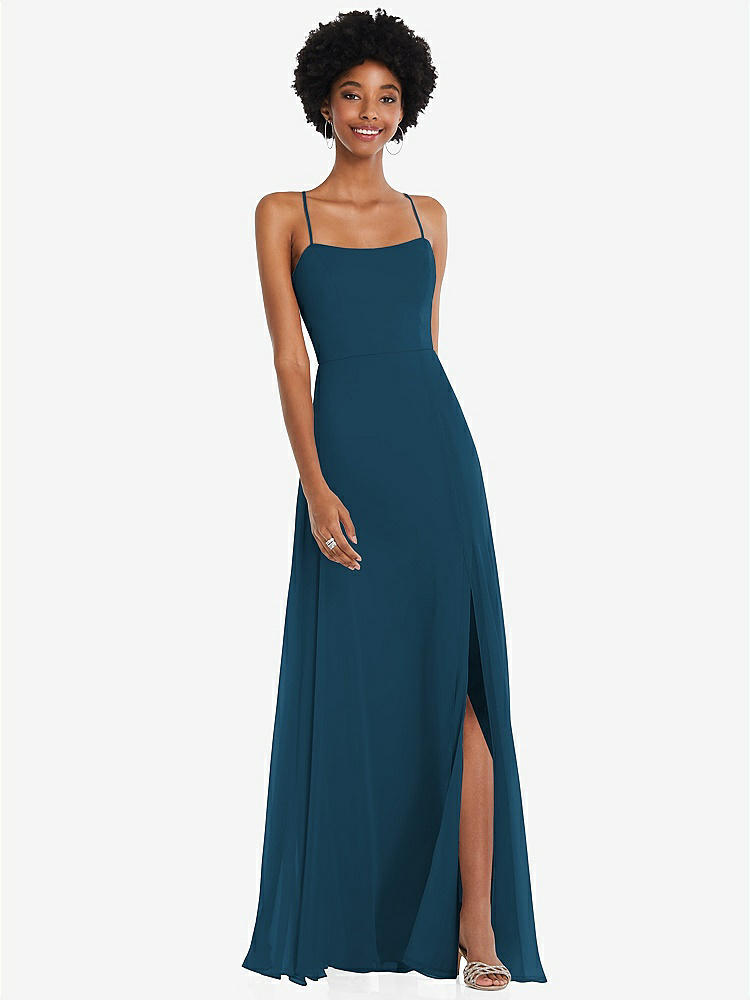 【STYLE: 1559】Scoop Neck Convertible Tie-Strap Maxi Dress with Front Slit【COLOR: Atlantic Blue】