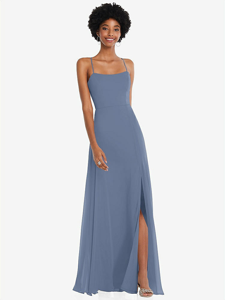 【STYLE: 1559】Scoop Neck Convertible Tie-Strap Maxi Dress with Front Slit【COLOR: Larkspur Blue】