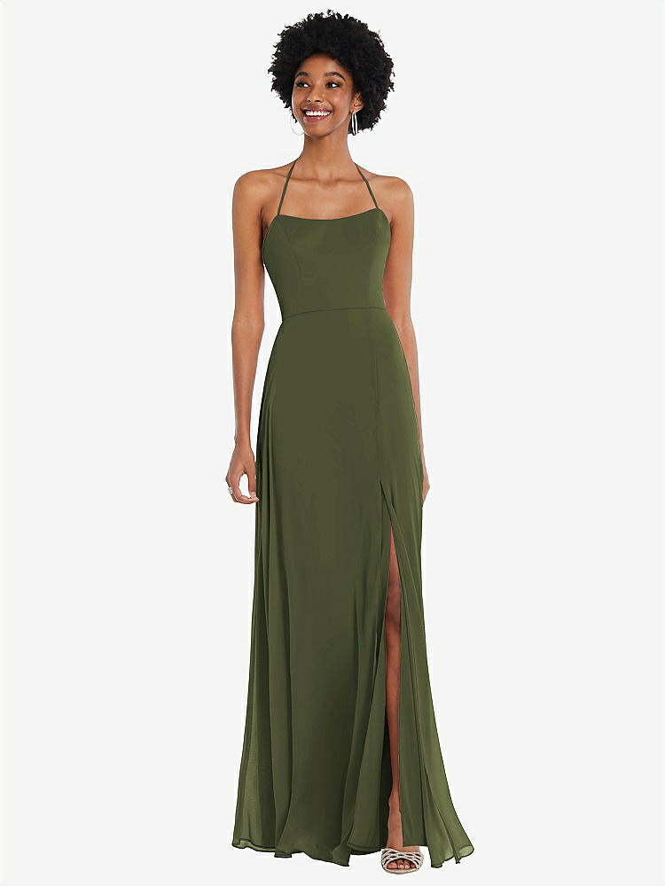 【STYLE: 1559】Scoop Neck Convertible Tie-Strap Maxi Dress with Front Slit【COLOR: Olive Green】