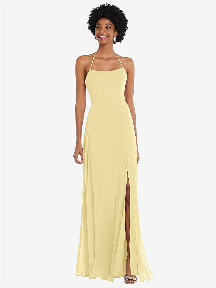 【STYLE: 1559】Scoop Neck Convertible Tie-Strap Maxi Dress with Front Slit【COLOR: Pale Yellow】