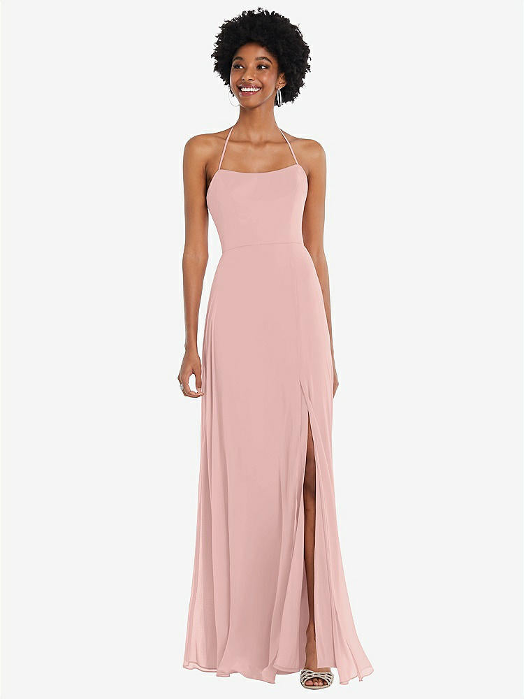 【STYLE: 1559】Scoop Neck Convertible Tie-Strap Maxi Dress with Front Slit【COLOR: Rose - PANTONE Rose Quartz】