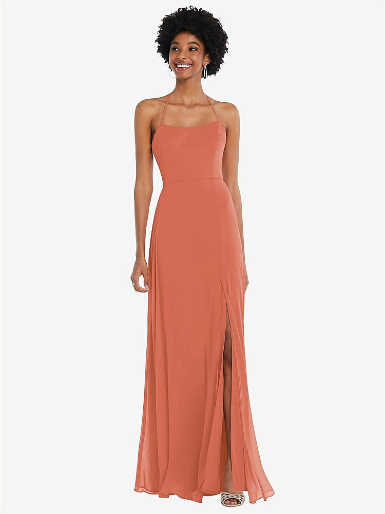 【STYLE: 1559】Scoop Neck Convertible Tie-Strap Maxi Dress with Front Slit【COLOR: Terracotta Copper】