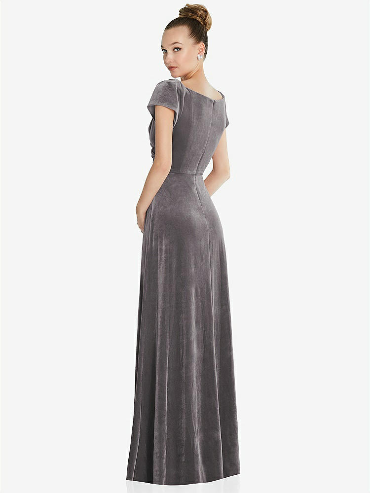 【NEW】【STYLE: 6862】キャップ スリーブ フェイク ラップ ベルベット マキシ ドレス ポケット付き【COLOR: Caviar Gray】【SIZE: 00-30W】