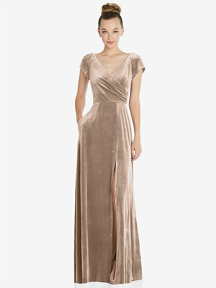 【STYLE: 6862】Cap Sleeve Faux Wrap Velvet Maxi Dress with Pockets【COLOR: Topaz】