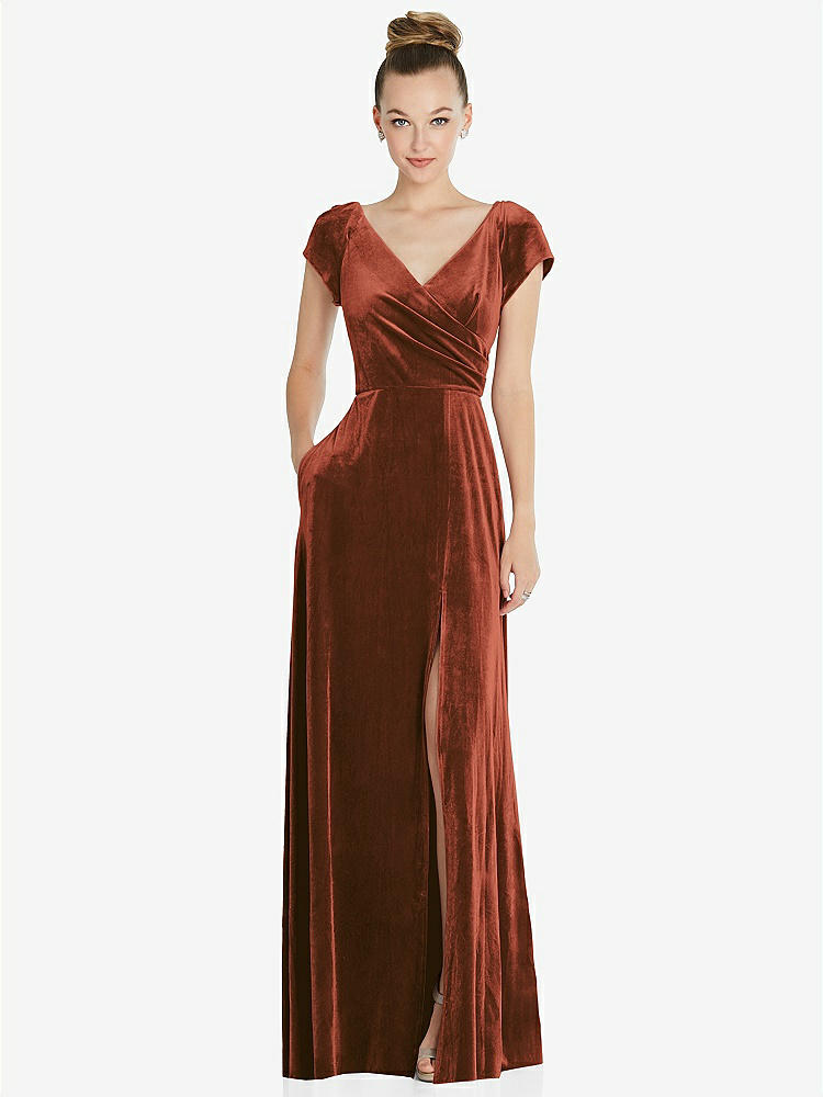 【STYLE: 6862】Cap Sleeve Faux Wrap Velvet Maxi Dress with Pockets【COLOR: Auburn Moon】