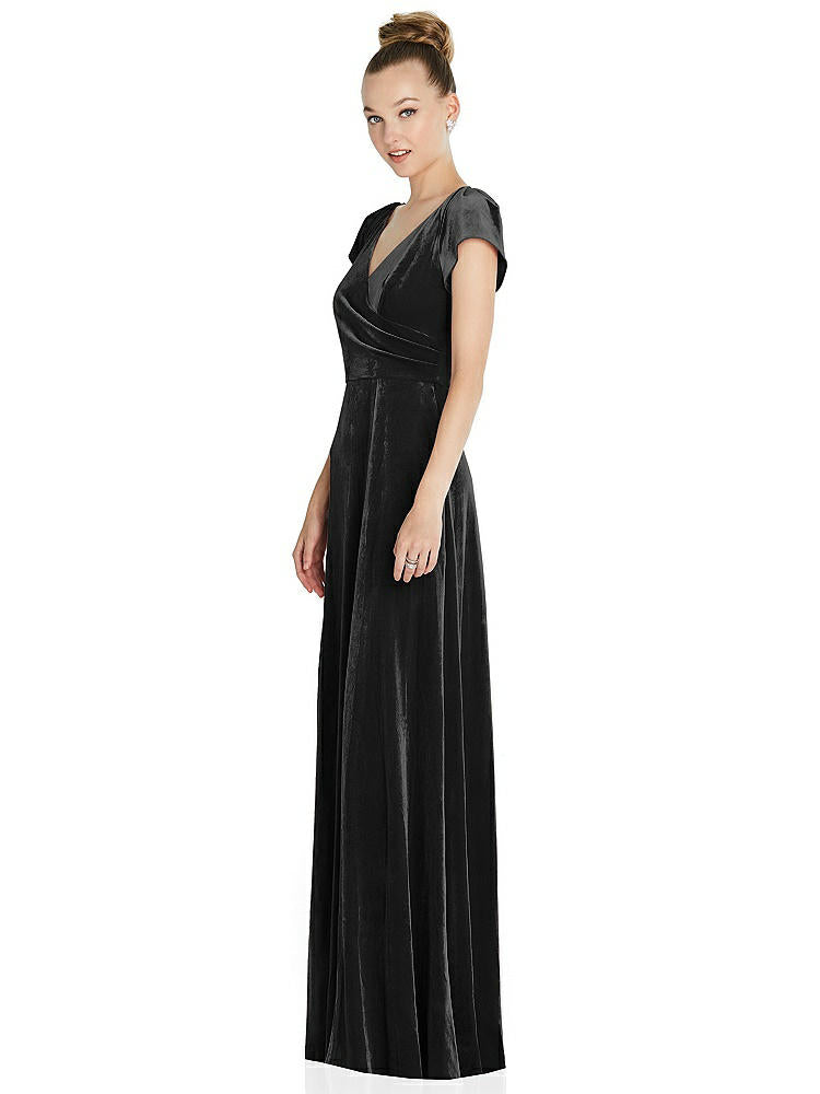 【STYLE: 6862】Cap Sleeve Faux Wrap Velvet Maxi Dress with Pockets【COLOR: Black】
