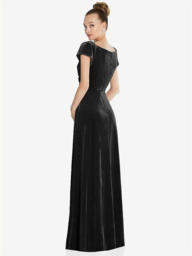 【STYLE: 6862】Cap Sleeve Faux Wrap Velvet Maxi Dress with Pockets【COLOR: Black】
