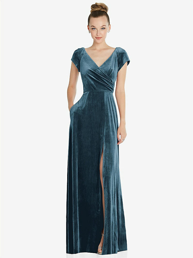 【STYLE: 6862】Cap Sleeve Faux Wrap Velvet Maxi Dress with Pockets【COLOR: Dutch Blue】