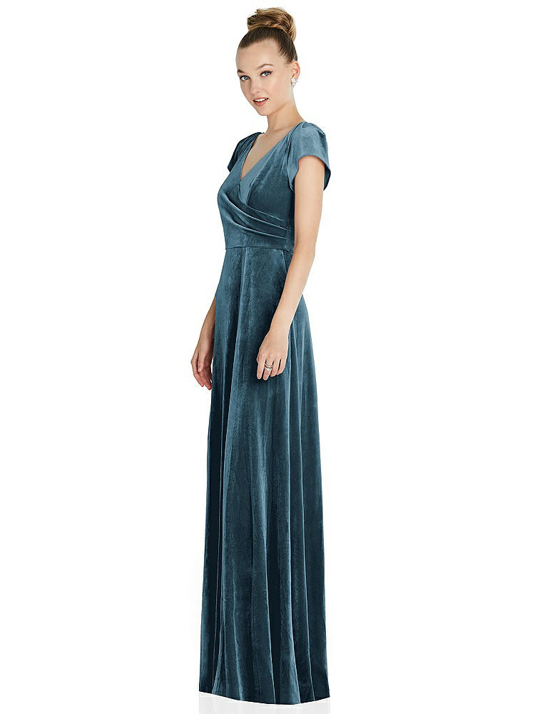 【STYLE: 6862】Cap Sleeve Faux Wrap Velvet Maxi Dress with Pockets【COLOR: Dutch Blue】