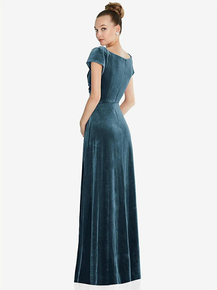 【STYLE: 6862】Cap Sleeve Faux Wrap Velvet Maxi Dress with Pockets【COLOR: Dutch Blue】