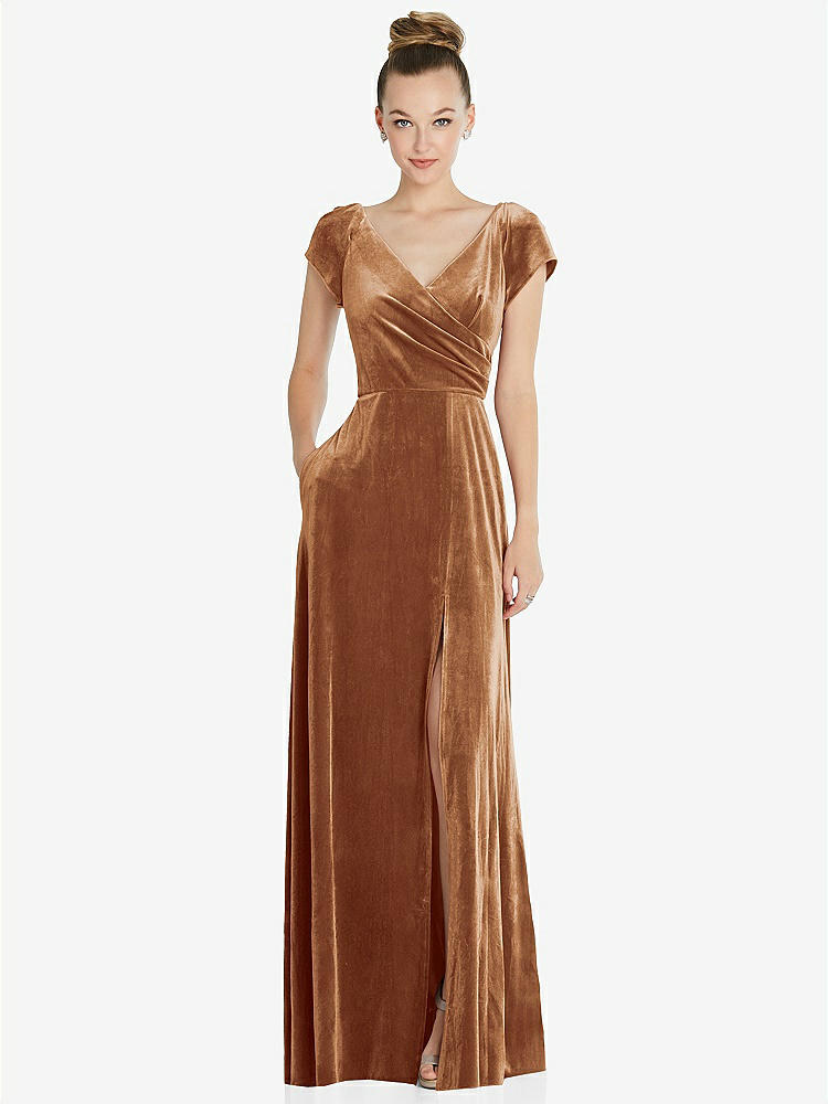 【STYLE: 6862】Cap Sleeve Faux Wrap Velvet Maxi Dress with Pockets【COLOR: Golden Almond】