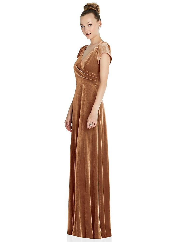 【STYLE: 6862】Cap Sleeve Faux Wrap Velvet Maxi Dress with Pockets【COLOR: Golden Almond】