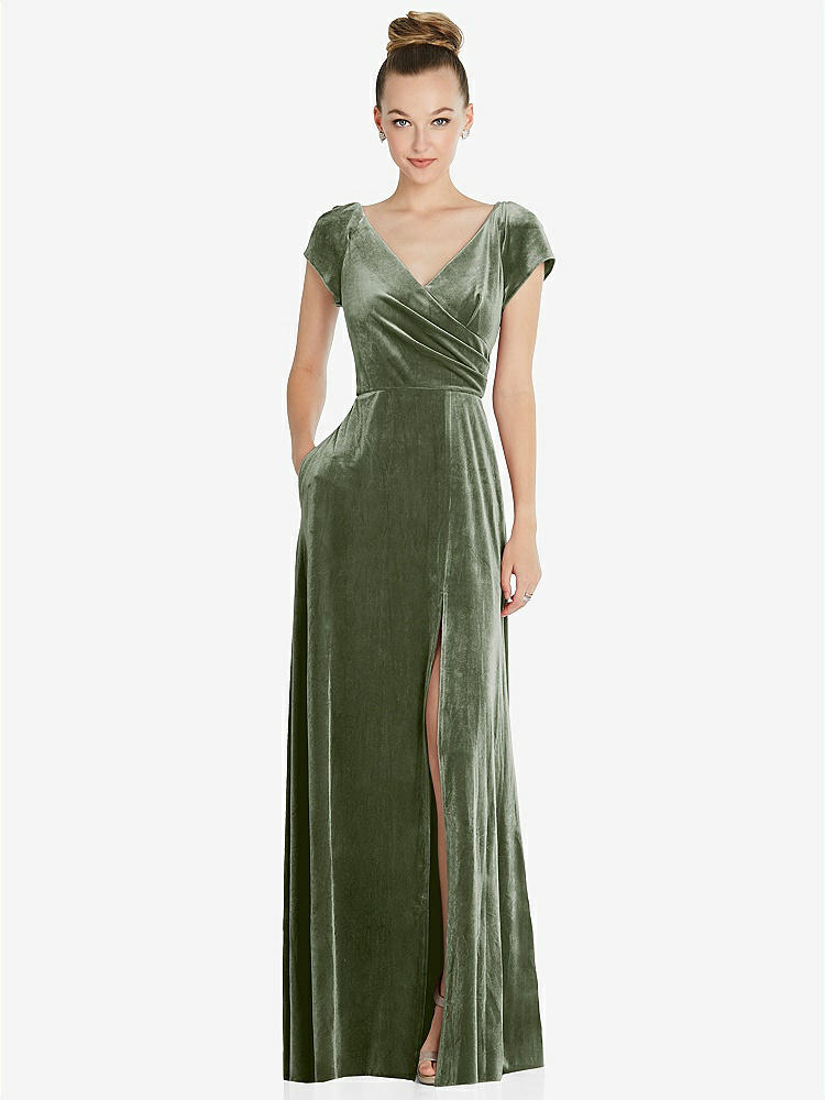 【STYLE: 6862】Cap Sleeve Faux Wrap Velvet Maxi Dress with Pockets【COLOR: Sage】