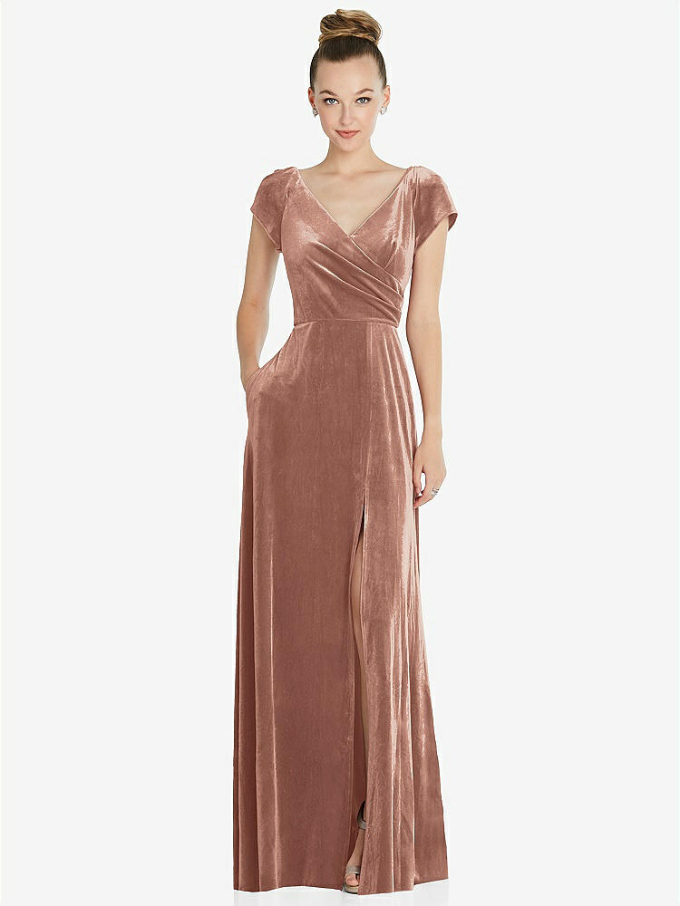 【STYLE: 6862】Cap Sleeve Faux Wrap Velvet Maxi Dress with Pockets【COLOR: Tawny Rose】