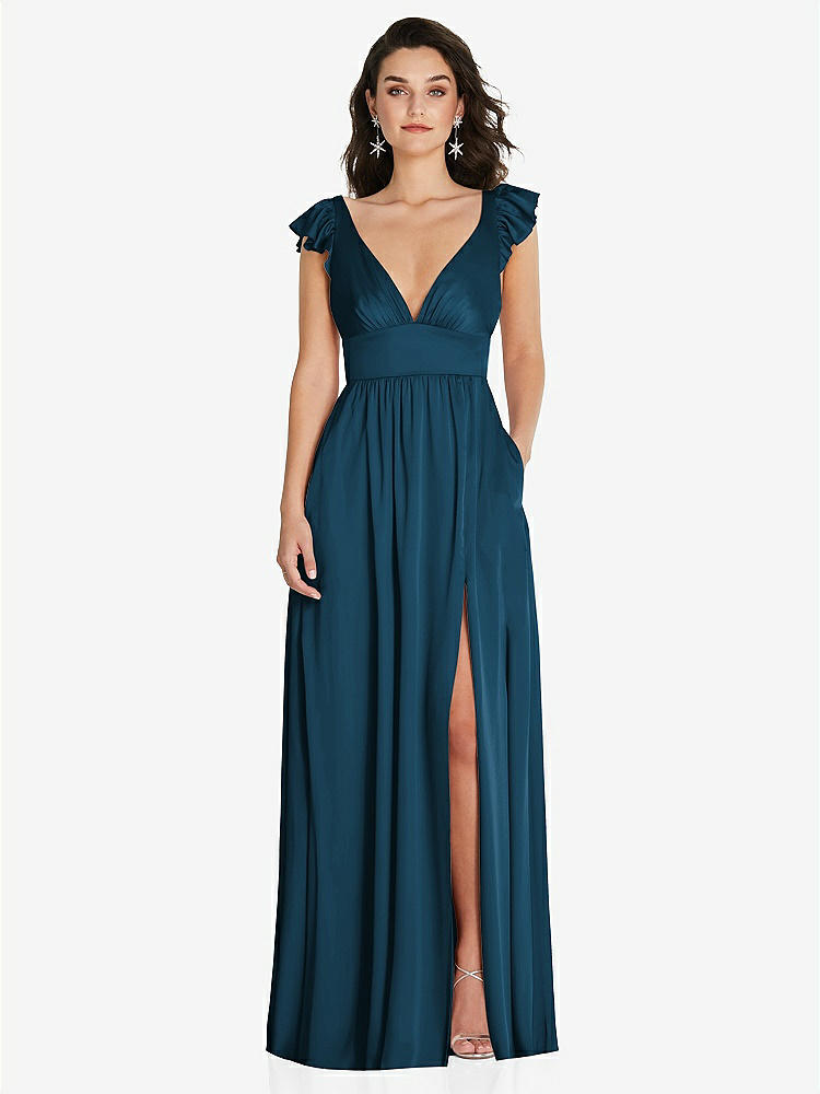 【STYLE: TH094】Deep V-Neck Ruffle Cap Sleeve Maxi Dress with Convertible Straps【COLOR: Atlantic Blue】