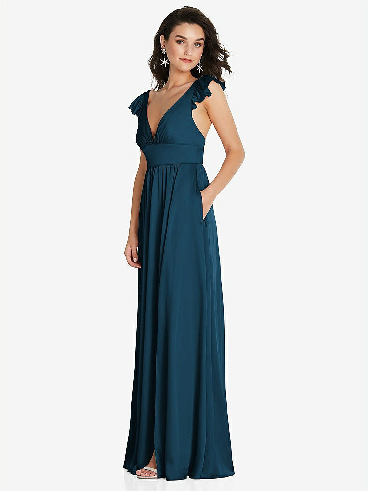 【STYLE: TH094】Deep V-Neck Ruffle Cap Sleeve Maxi Dress with Convertible Straps【COLOR: Atlantic Blue】