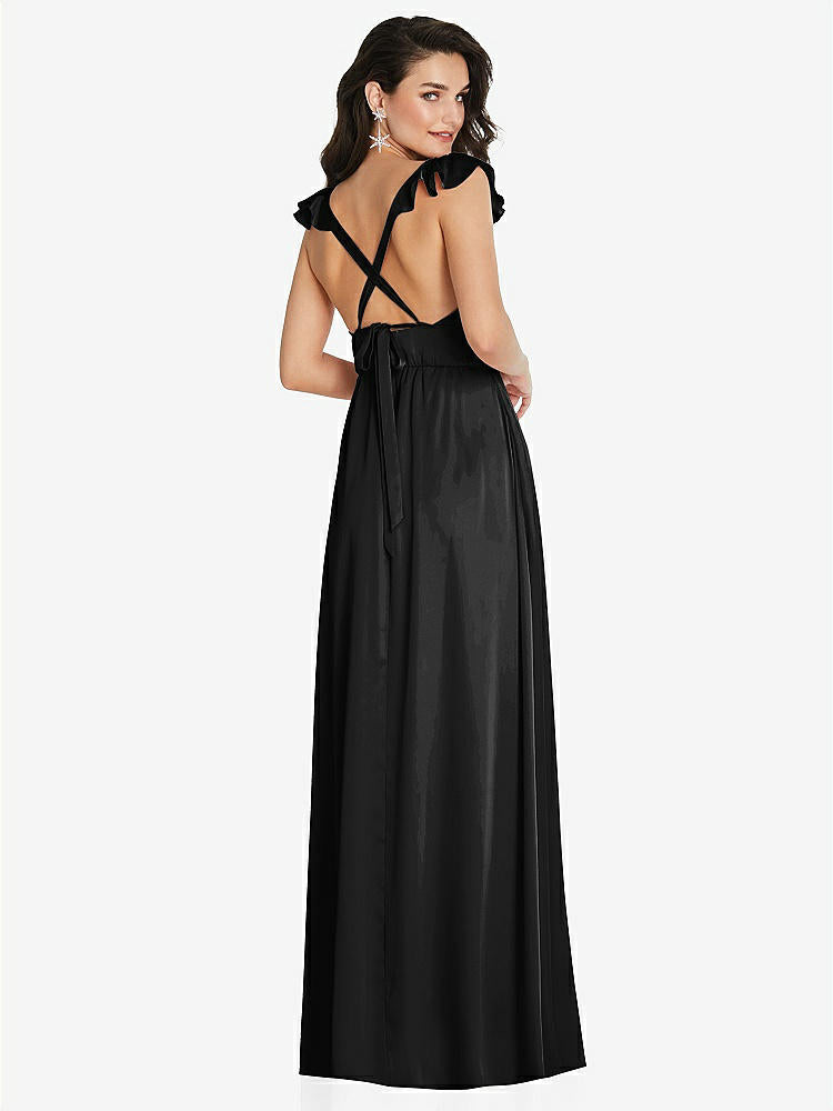 【STYLE: TH094】Deep V-Neck Ruffle Cap Sleeve Maxi Dress with Convertible Straps【COLOR: Black】