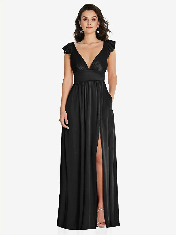 【STYLE: TH094】Deep V-Neck Ruffle Cap Sleeve Maxi Dress with Convertible Straps【COLOR: Black】