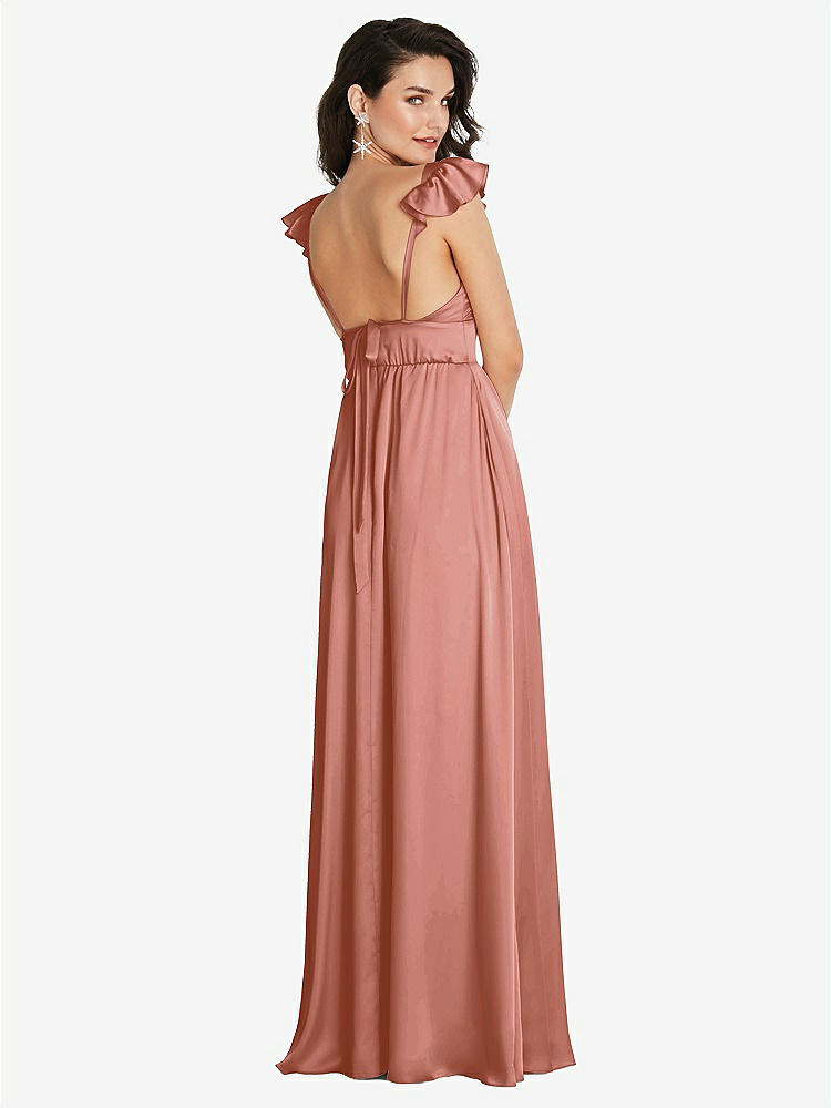 【STYLE: TH094】Deep V-Neck Ruffle Cap Sleeve Maxi Dress with Convertible Straps【COLOR: Desert Rose】