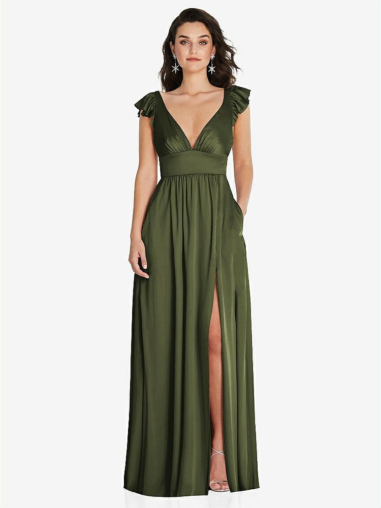 【STYLE: TH094】Deep V-Neck Ruffle Cap Sleeve Maxi Dress with Convertible Straps【COLOR: Olive Green】