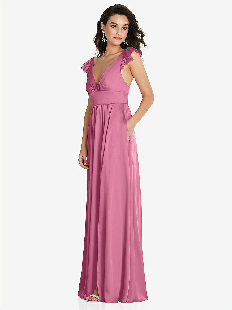 【STYLE: TH094】Deep V-Neck Ruffle Cap Sleeve Maxi Dress with Convertible Straps【COLOR: Orchid Pink】