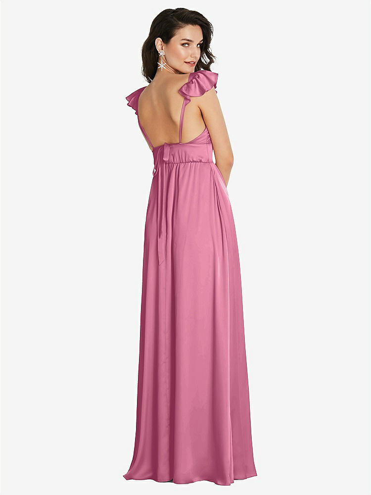 【STYLE: TH094】Deep V-Neck Ruffle Cap Sleeve Maxi Dress with Convertible Straps【COLOR: Orchid Pink】