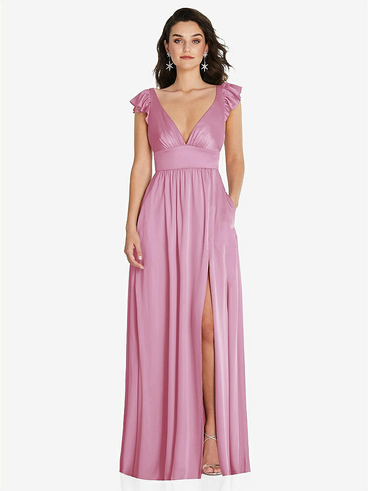 【STYLE: TH094】Deep V-Neck Ruffle Cap Sleeve Maxi Dress with Convertible Straps【COLOR: Powder Pink】