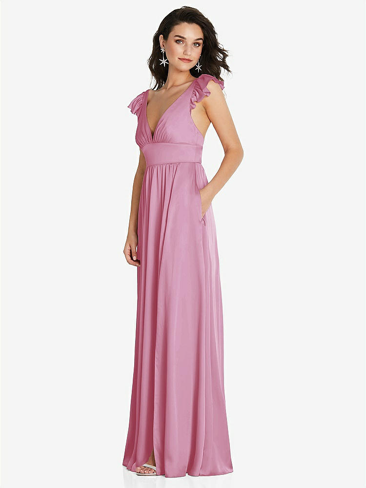 【STYLE: TH094】Deep V-Neck Ruffle Cap Sleeve Maxi Dress with Convertible Straps【COLOR: Powder Pink】