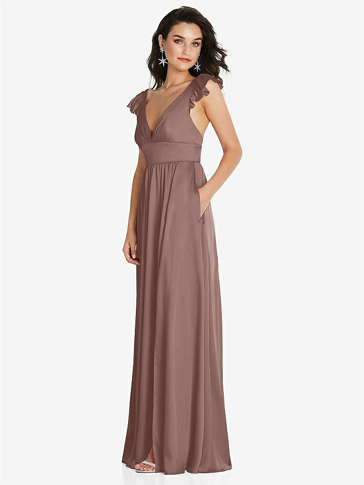 【STYLE: TH094】Deep V-Neck Ruffle Cap Sleeve Maxi Dress with Convertible Straps【COLOR: Sienna】