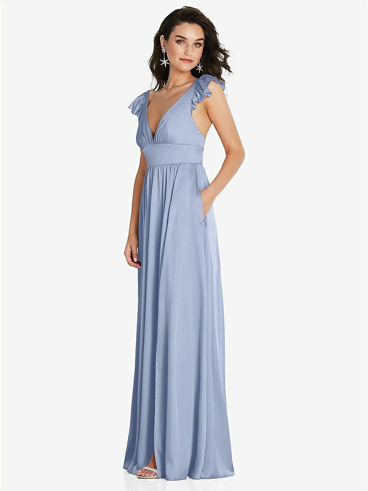 【STYLE: TH094】Deep V-Neck Ruffle Cap Sleeve Maxi Dress with Convertible Straps【COLOR: Sky Blue】