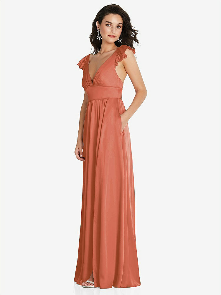 【NEW】【STYLE: TH094】ディープ Vネック フリル キャップ スリーブ マキシ ドレス コンバーチブル ストラップ【COLOR: Terracotta Copper】【SIZE: 00-30W】