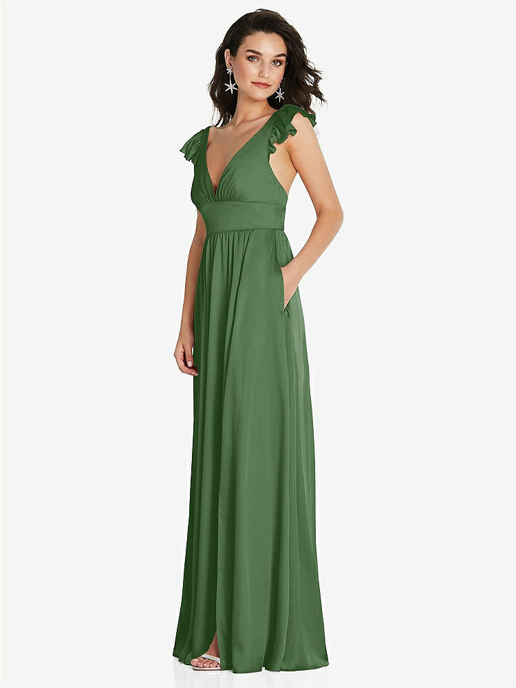 【STYLE: TH094】Deep V-Neck Ruffle Cap Sleeve Maxi Dress with Convertible Straps【COLOR: Vineyard Green】