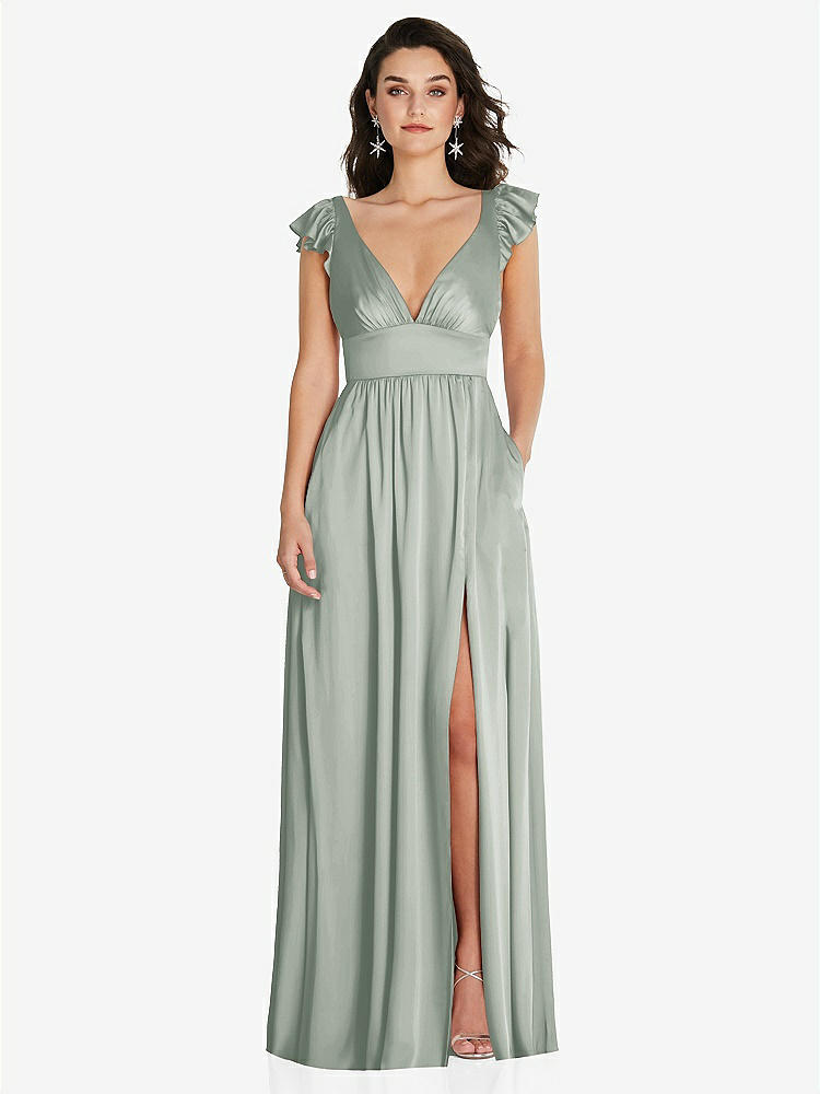 【STYLE: TH094】Deep V-Neck Ruffle Cap Sleeve Maxi Dress with Convertible Straps【COLOR: Willow Green】