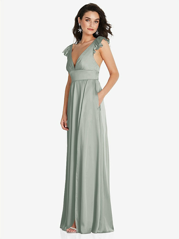 【STYLE: TH094】Deep V-Neck Ruffle Cap Sleeve Maxi Dress with Convertible Straps【COLOR: Willow Green】