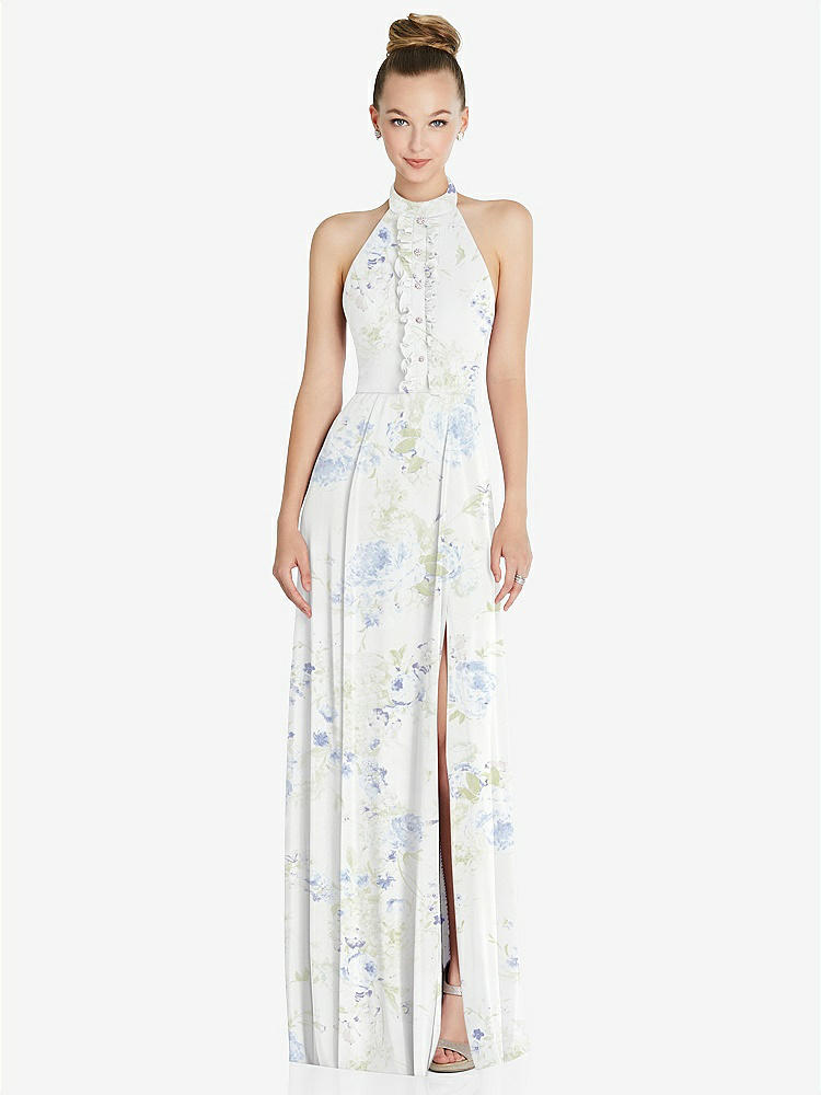 【STYLE: 6865】Halter Backless Maxi Dress with Crystal Button Ruffle Placket【COLOR: Bleu Garden】