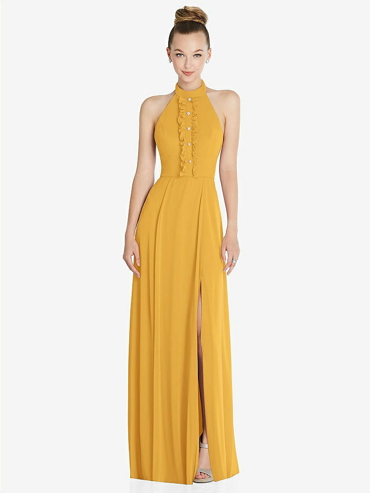 【STYLE: 6865】Halter Backless Maxi Dress with Crystal Button Ruffle Placket【COLOR: NYC Yellow】