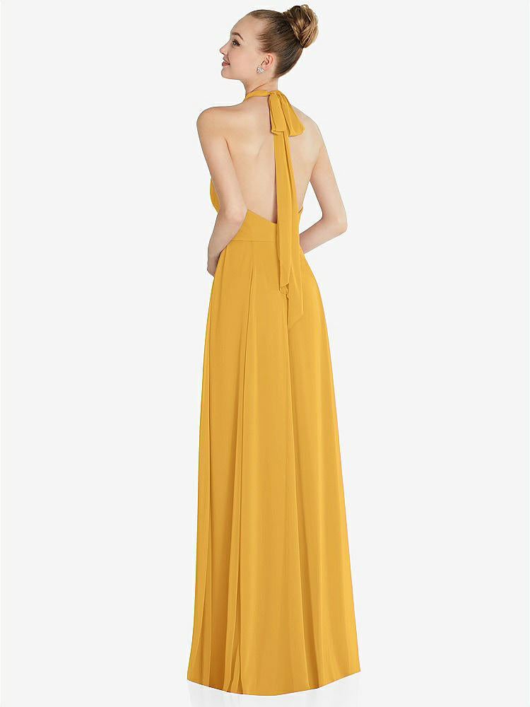 【STYLE: 6865】Halter Backless Maxi Dress with Crystal Button Ruffle Placket【COLOR: NYC Yellow】