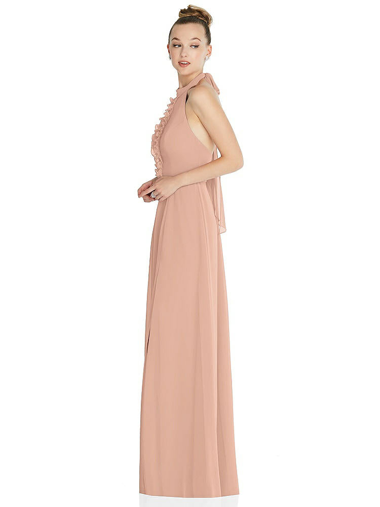 【STYLE: 6865】Halter Backless Maxi Dress with Crystal Button Ruffle Placket【COLOR: Pale Peach】