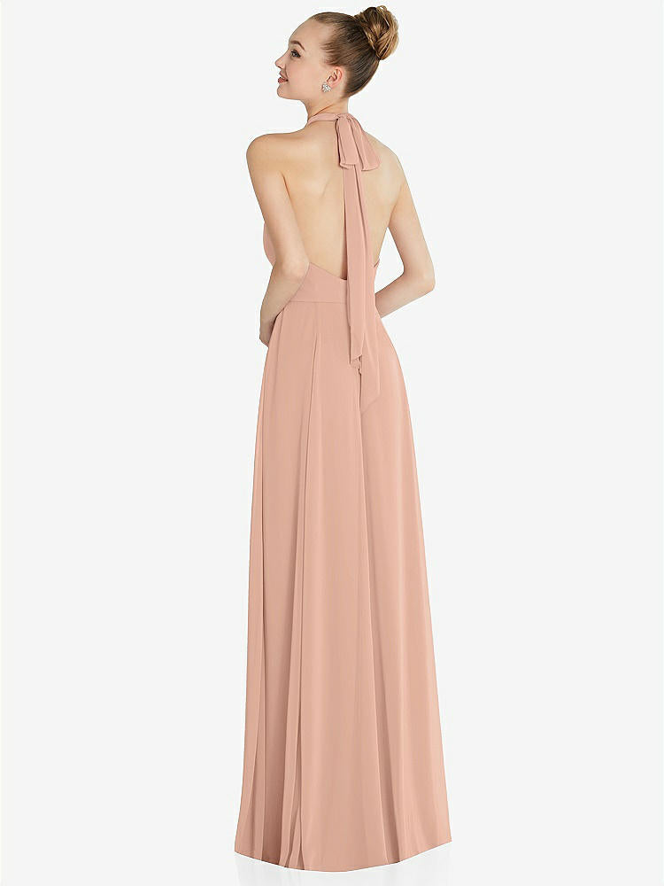 【STYLE: 6865】Halter Backless Maxi Dress with Crystal Button Ruffle Placket【COLOR: Pale Peach】