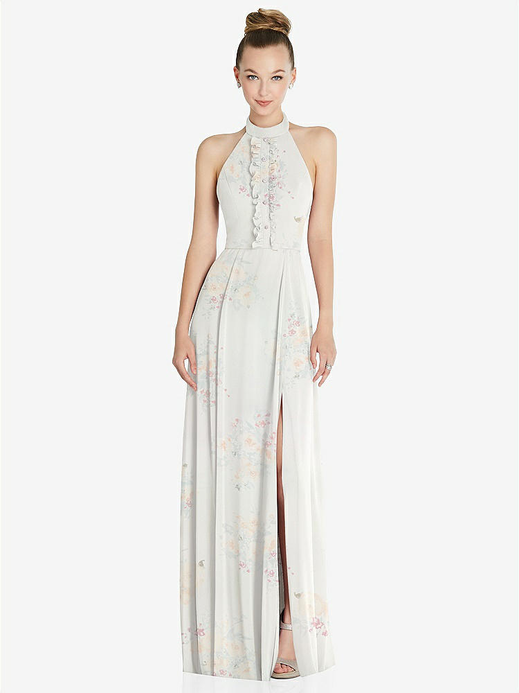 【STYLE: 6865】Halter Backless Maxi Dress with Crystal Button Ruffle Placket【COLOR: Spring Fling】