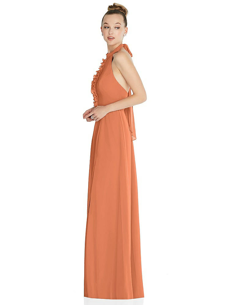 【STYLE: 6865】Halter Backless Maxi Dress with Crystal Button Ruffle Placket【COLOR: Sweet Melon】