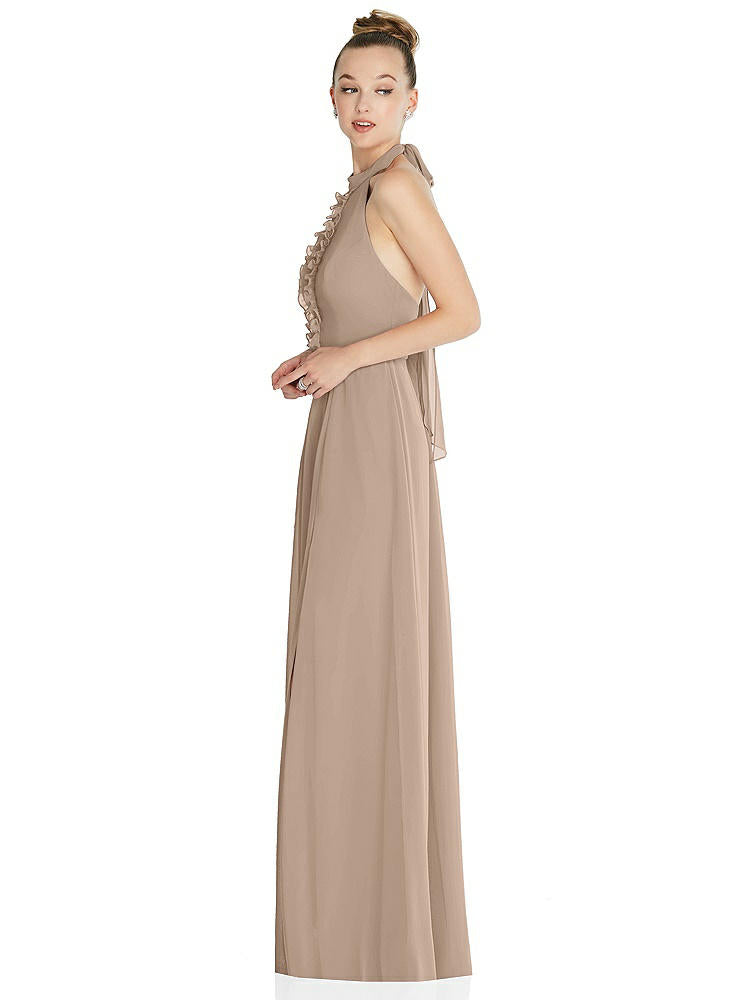 【STYLE: 6865】Halter Backless Maxi Dress with Crystal Button Ruffle Placket【COLOR: Topaz】