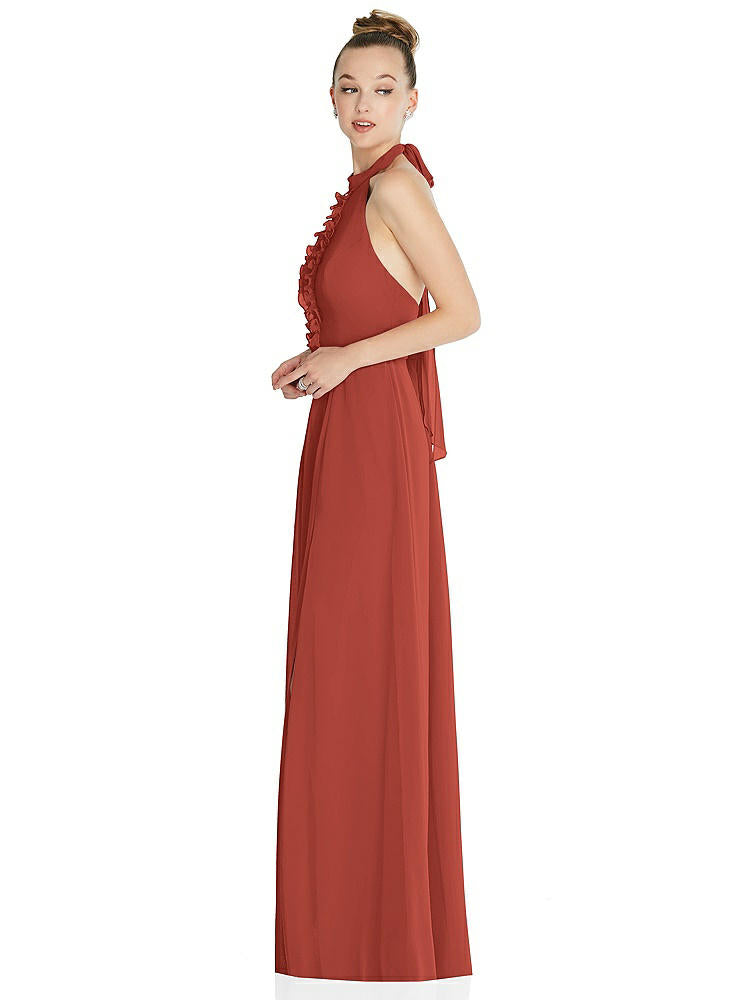 【STYLE: 6865】Halter Backless Maxi Dress with Crystal Button Ruffle Placket【COLOR: Amber Sunset】